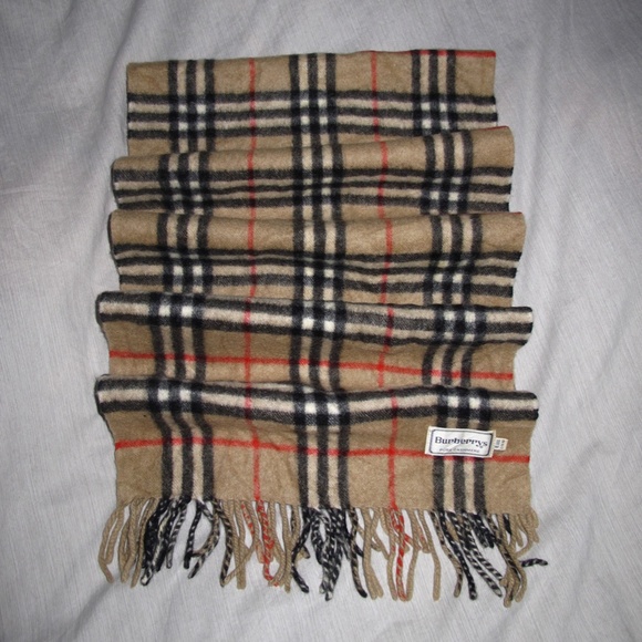 BURBERRYS Pure Cashmere Nova Plaid Scarf Tan Black Red Natural 12 x 53 - Picture 6 of 7